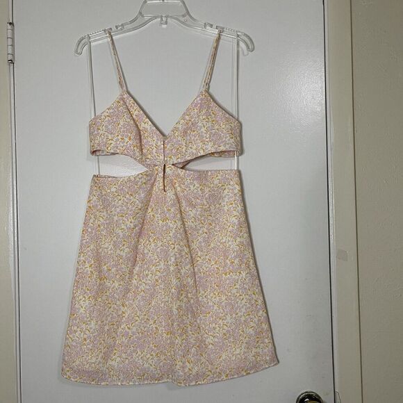 Zara Orange Multi floral side cutout mini tank shift Linen dress size US Large - Picture 3 of 7